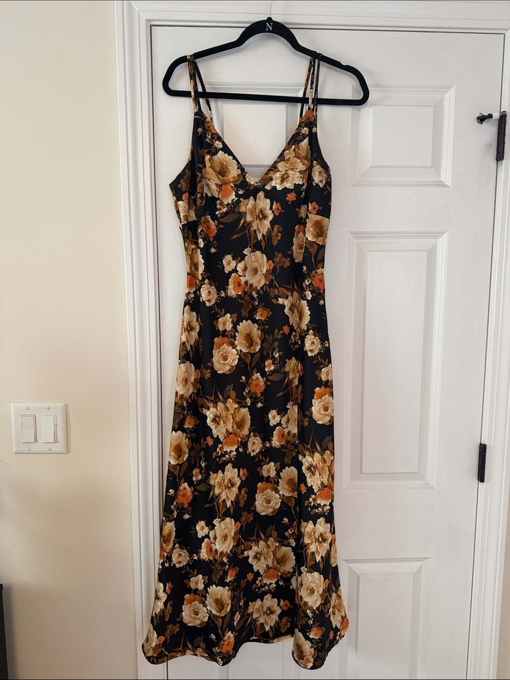 Vici Black Floral Slip Midi Dress with Tan & Cream Blooms